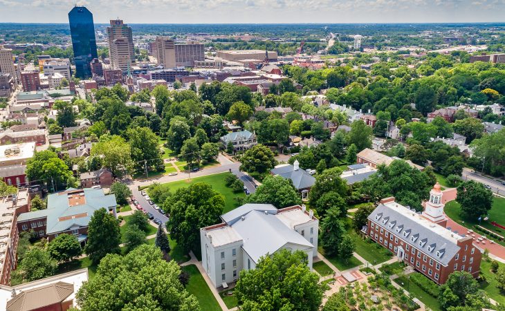 An aerial photo of the Transylvania University campus in downtown Lexington