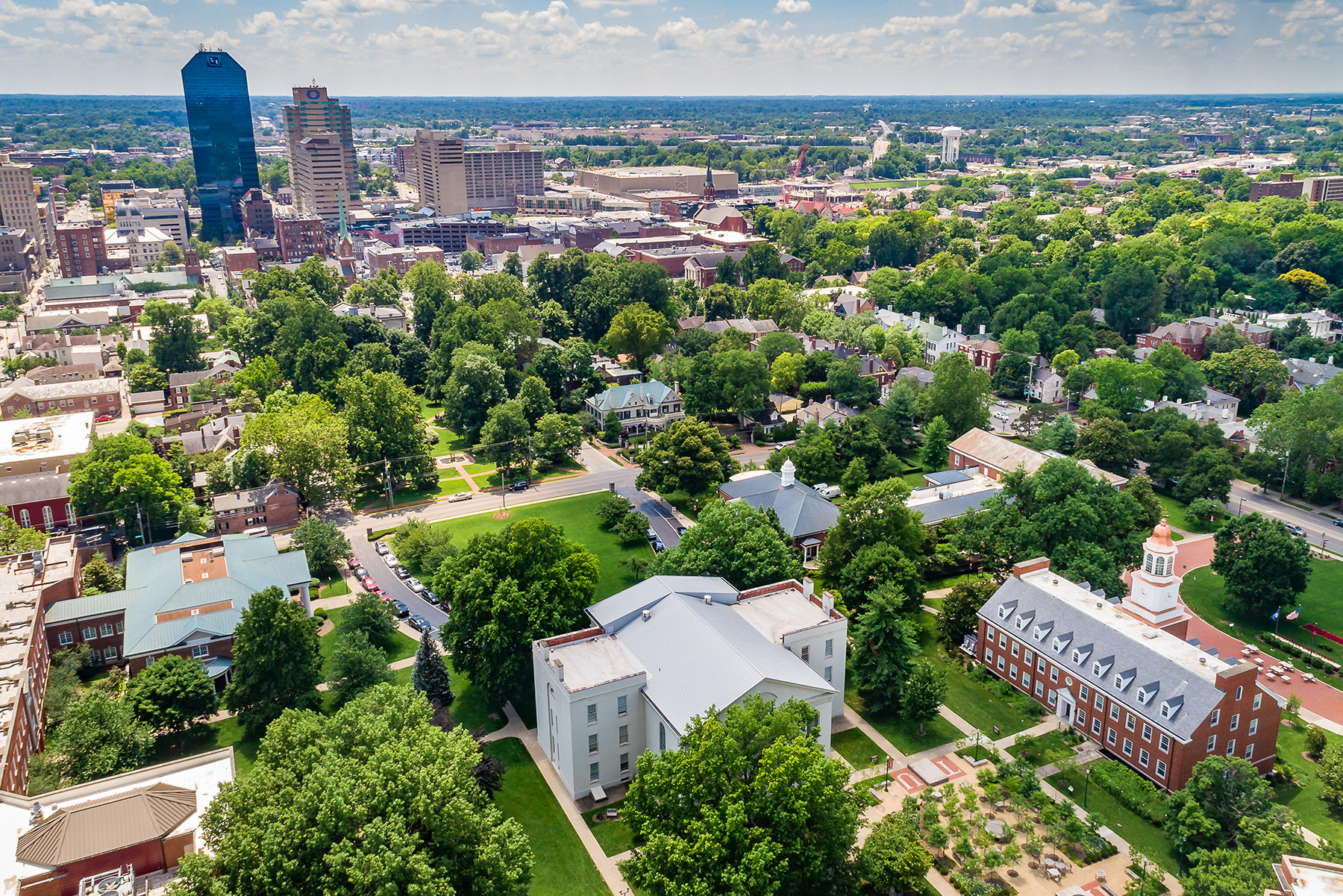 An aerial photo of the Transylvania University campus in downtown Lexington