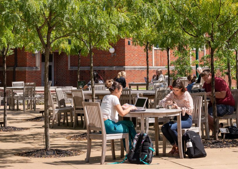 Students on their laptops in Alumni Plaza