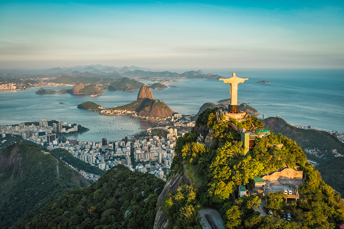 Aerial view of Christ and Botafogo Bay from high angle