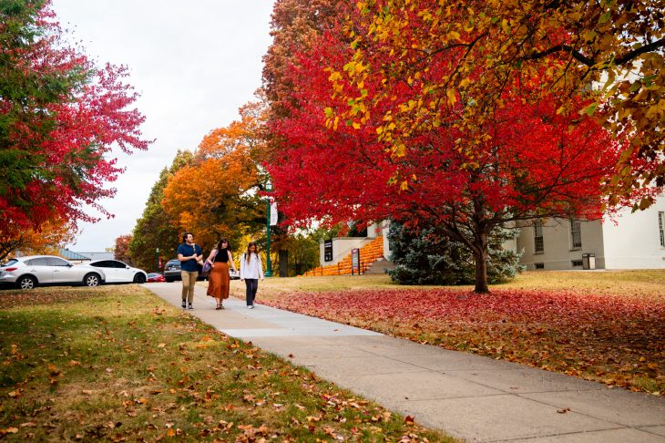 people walking on campus, trees are showing fall colors