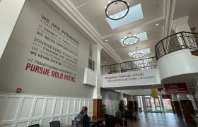 Campus Center lobby with first-generation banner