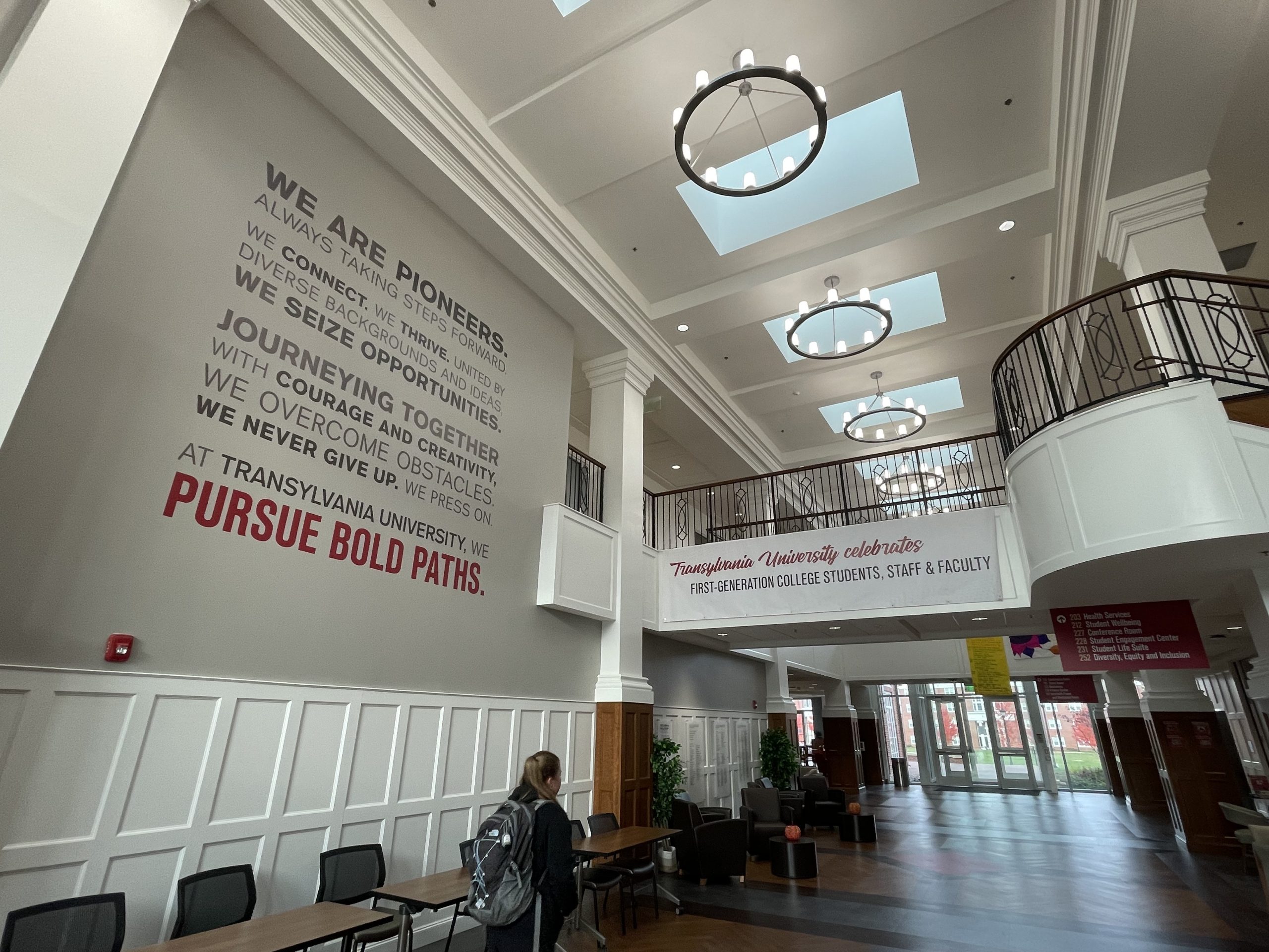 Campus Center lobby with first-generation banner