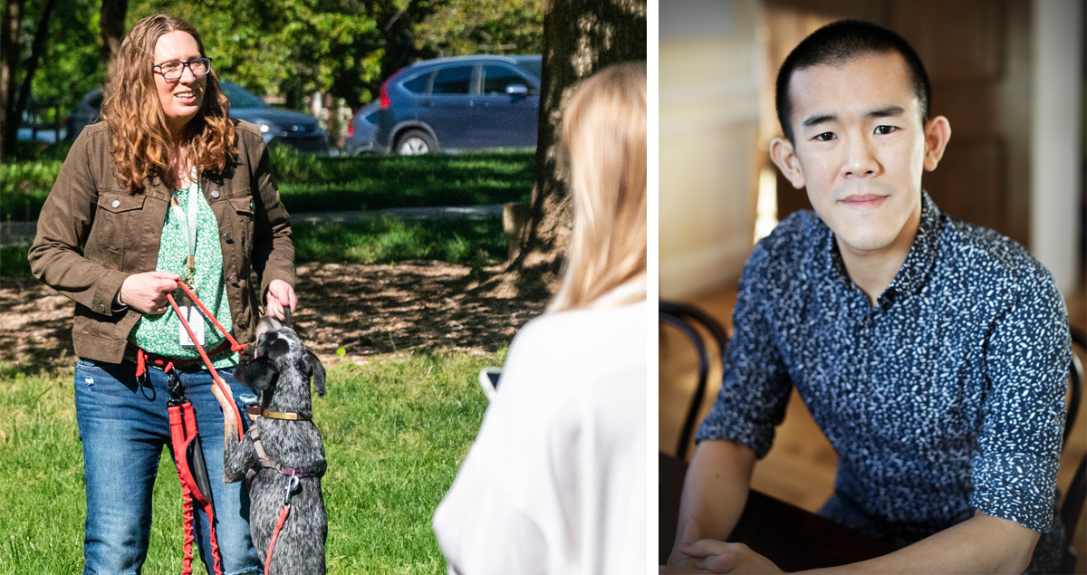 person with a dog and a person posing for a photo