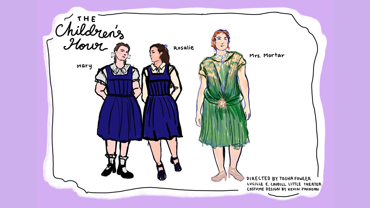 Renderings of costumes for "The Children's Hour" designed by Transy student Kevin Johnson.