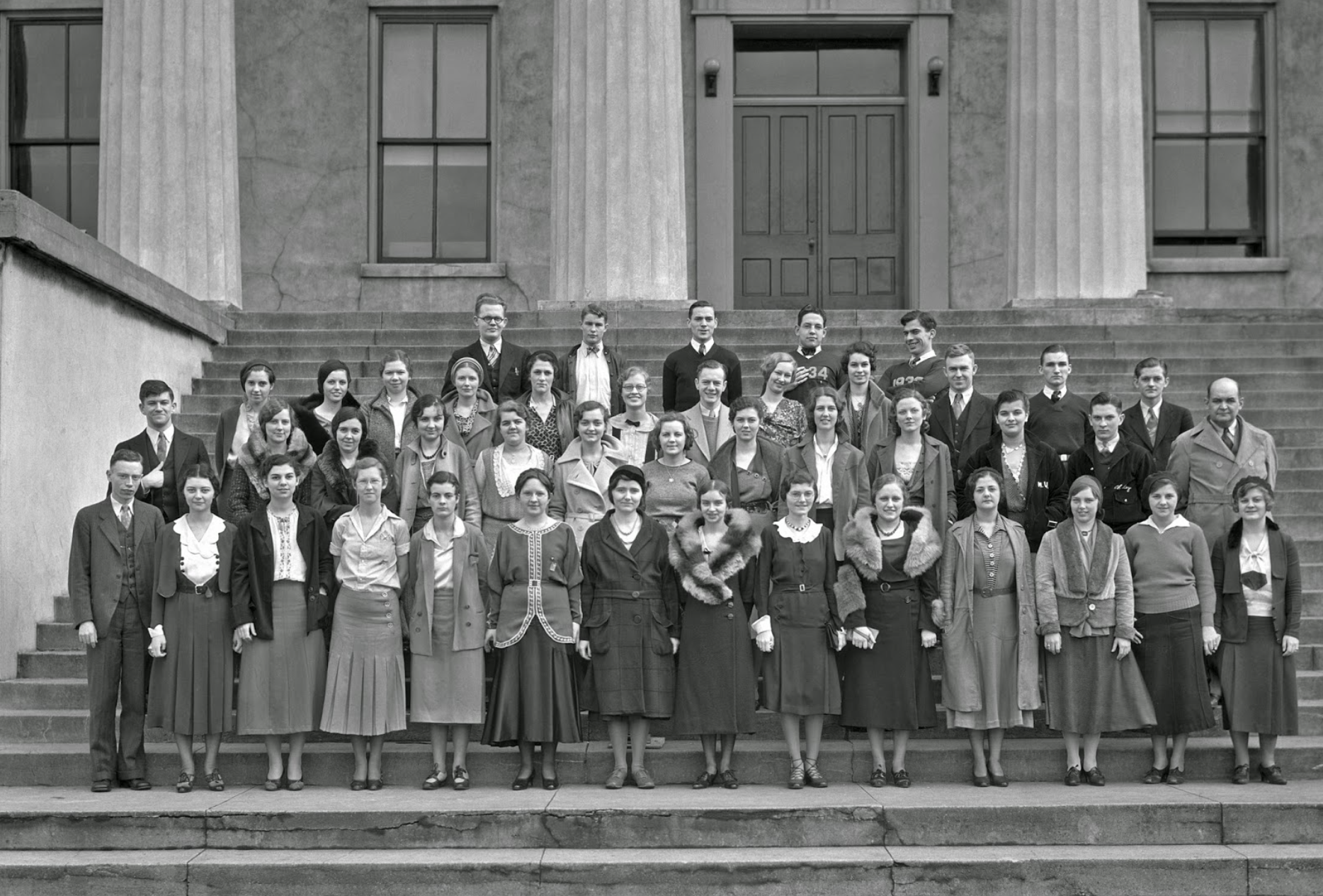 a picture from the 1930s of students on the steps of a campus building