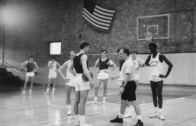basketball players on a court