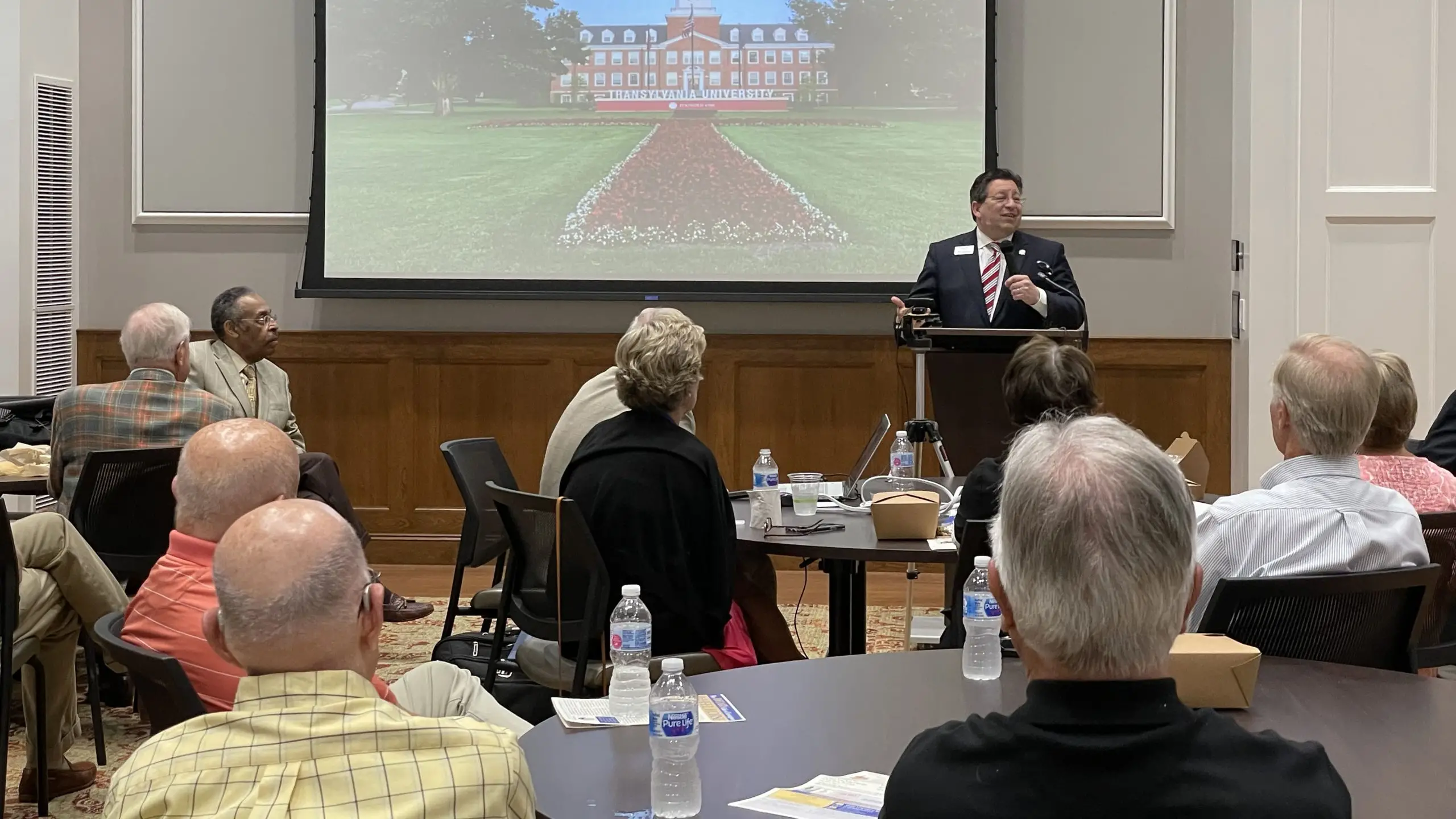 President Brien Lewis welcomes Rotary Club of Lexington to Transylvania