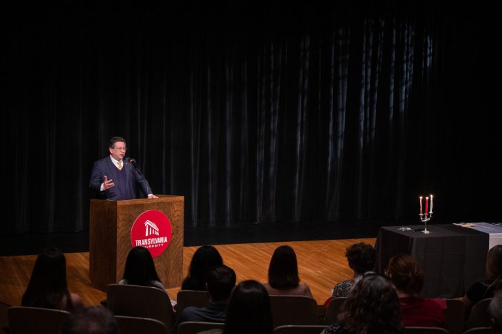 President Lewis giving a presentation in Carrick Theater