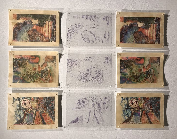 A 3-by-3 grid of artwork pinned to a white wall, featuring colorful prints and translucent sketches