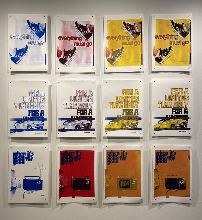 Twelve colorful screen-printed posters featuring vintage advertisements displayed in a grid on a gallery wall