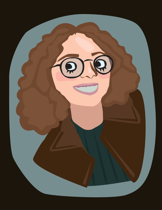 Digital illustration of a person with curly brown hair and round glasses smiling