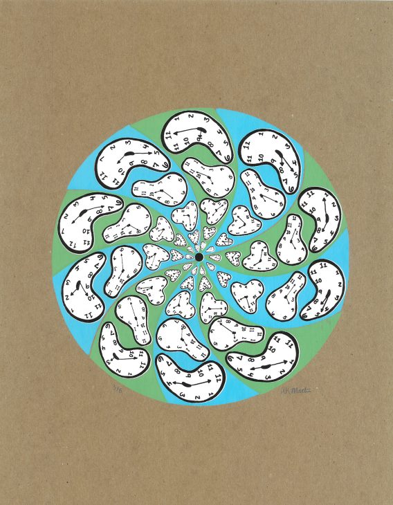 Circular artwork featuring distorted, melting clock faces spiraling inward on a blue and green swirling background