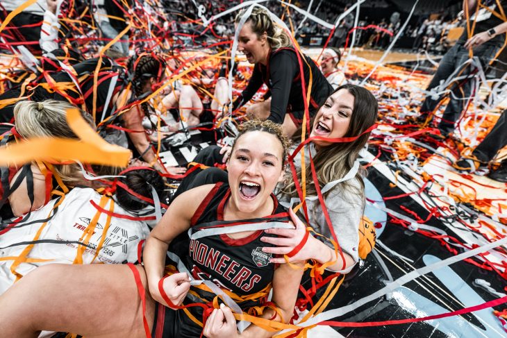 transy women's basketball team celebrating after national championship win