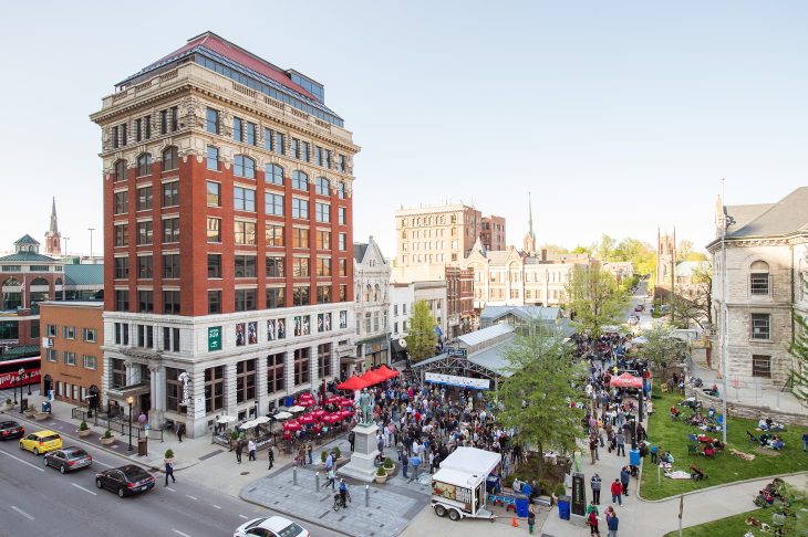 large gathering in downtown lexington, viewed from above