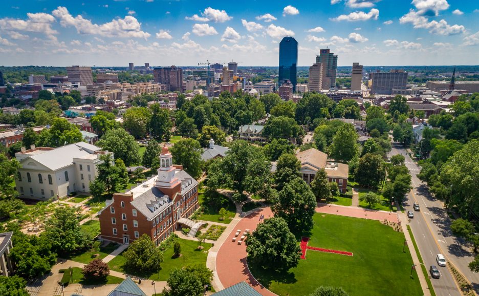 arial view of campus with downtown lexington in the background