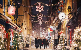 street heavily decorated for the holidays