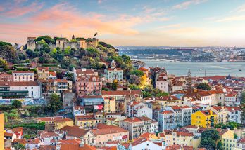 Lisbon, Portugal skyline at Sao Jorge Castle at sunset.