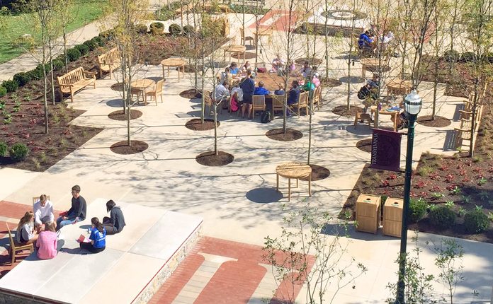 alumni plaza from above, groups using the space to meet