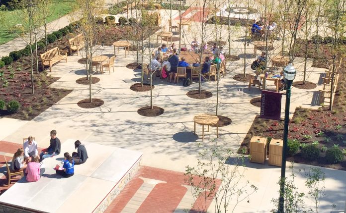 alumni plaza from above, groups using the space to meet