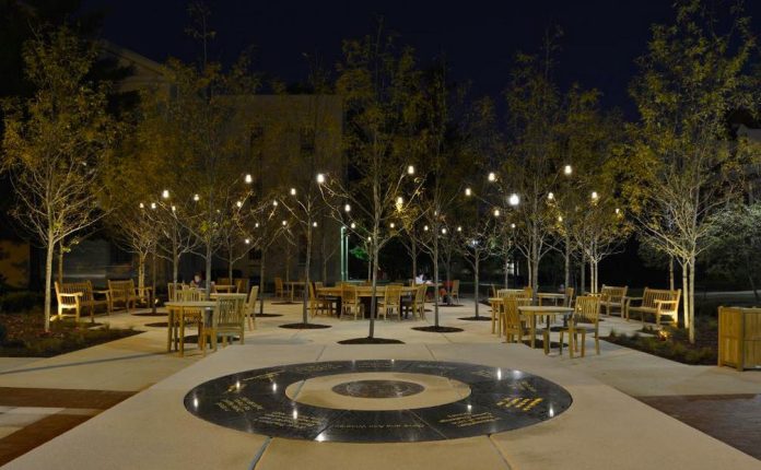 alumni plaza at night