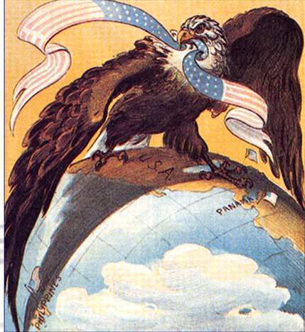illustration of bald eagle standing on globe while holding an American flag styled banner in its mouth