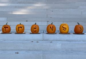 pumpkins carved with letters t r a n s y