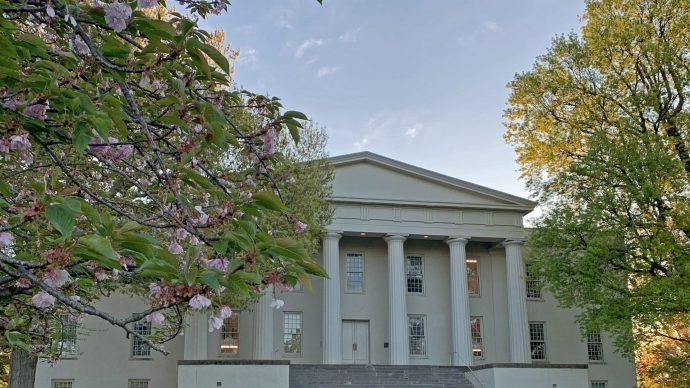 recent photo of Old Morrison, spring blooms on trees, steps not yet repaired