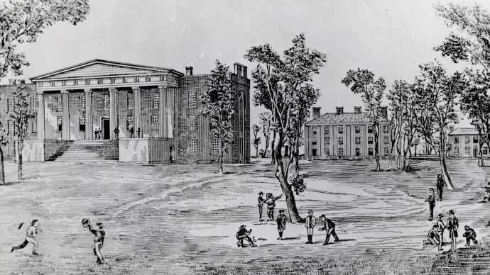 vintage black and white illustration of students playing on campus