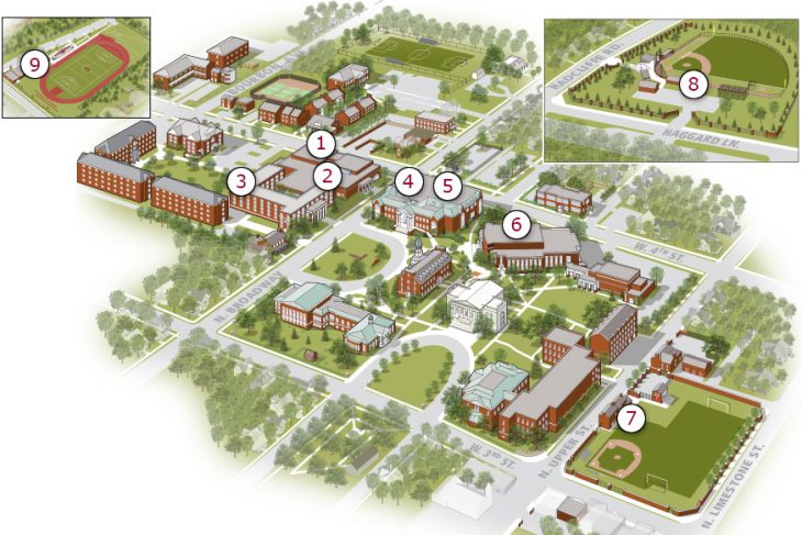 campus map showing locations of 10 Automated External Defibrilators (listed below)