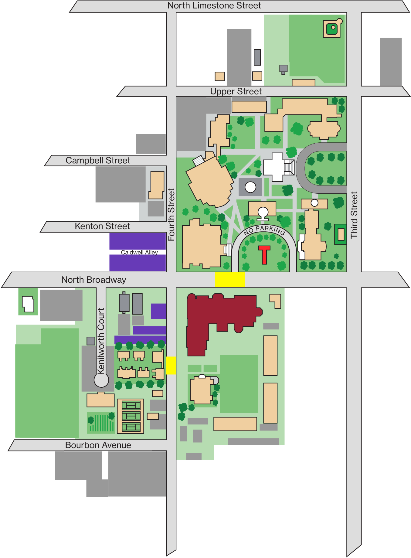 Map showing location of campus center plus adjacent parking and crosswalks