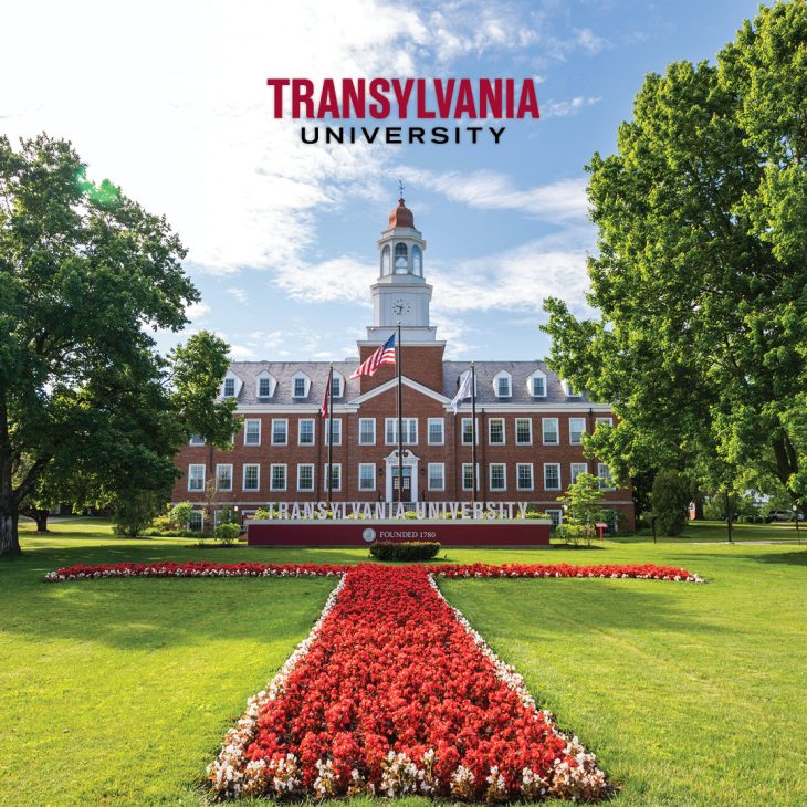Carpenter Academic Center with Transylvania University sign and flower T in foreground graphic downloads