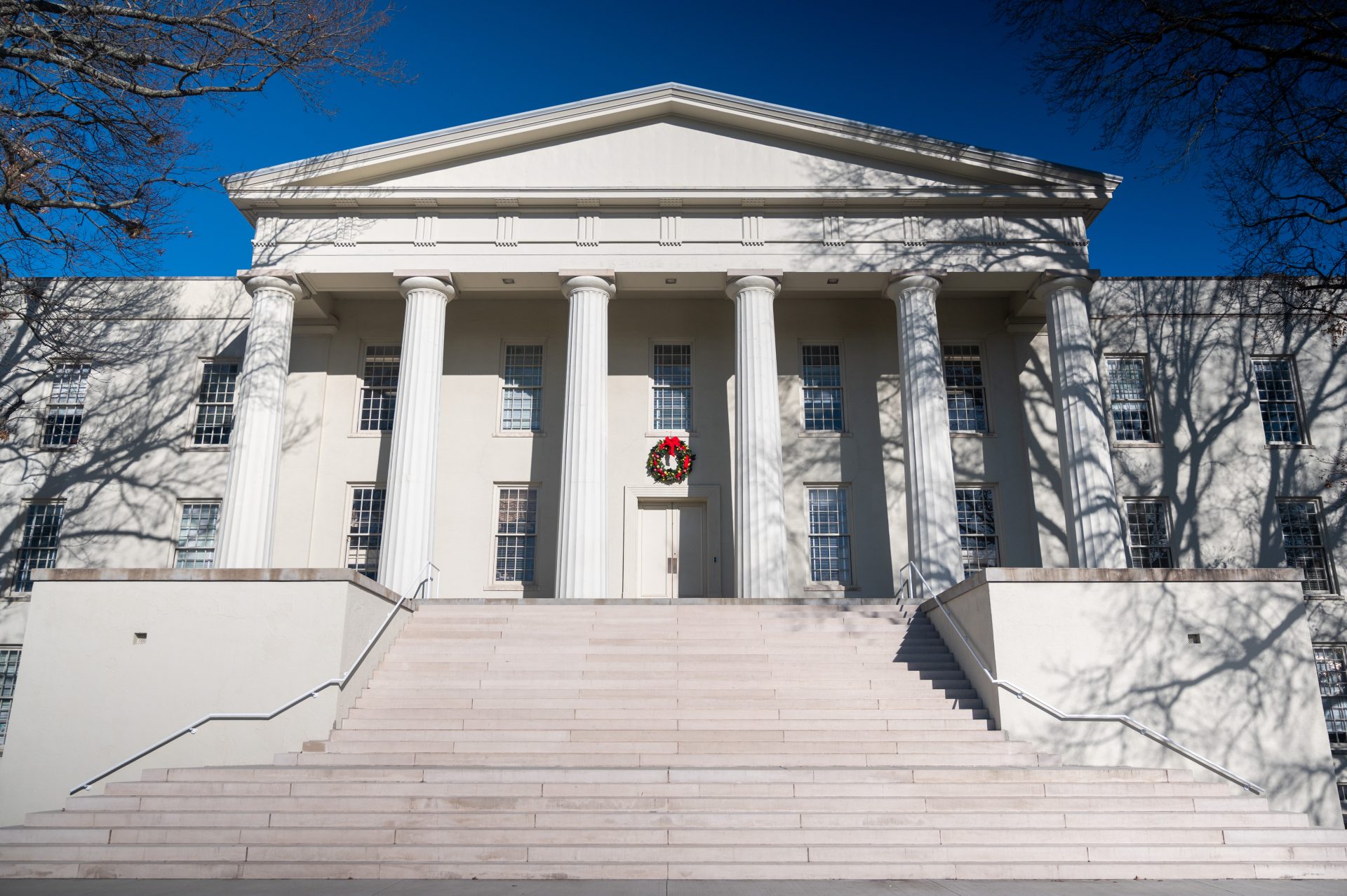 A Christmas wreath hangs over the front door of Old Morrison.