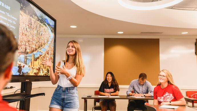 A Transylvania student giving a presentation to a class