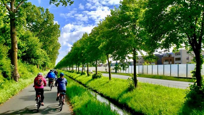 Transylvania students riding bikes on a tree-lined trail