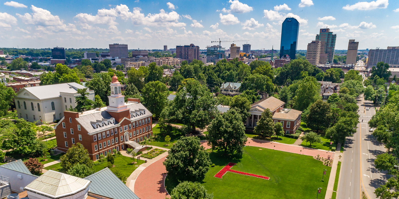 Translvania Univdrsity viewed from above with the Lexington skyline in the background