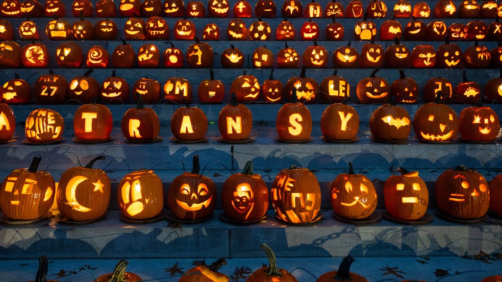 Pumpkinmania jack-o-lantern display on the steps of Old Morrison on private liberal arts college Transylvania University's campus